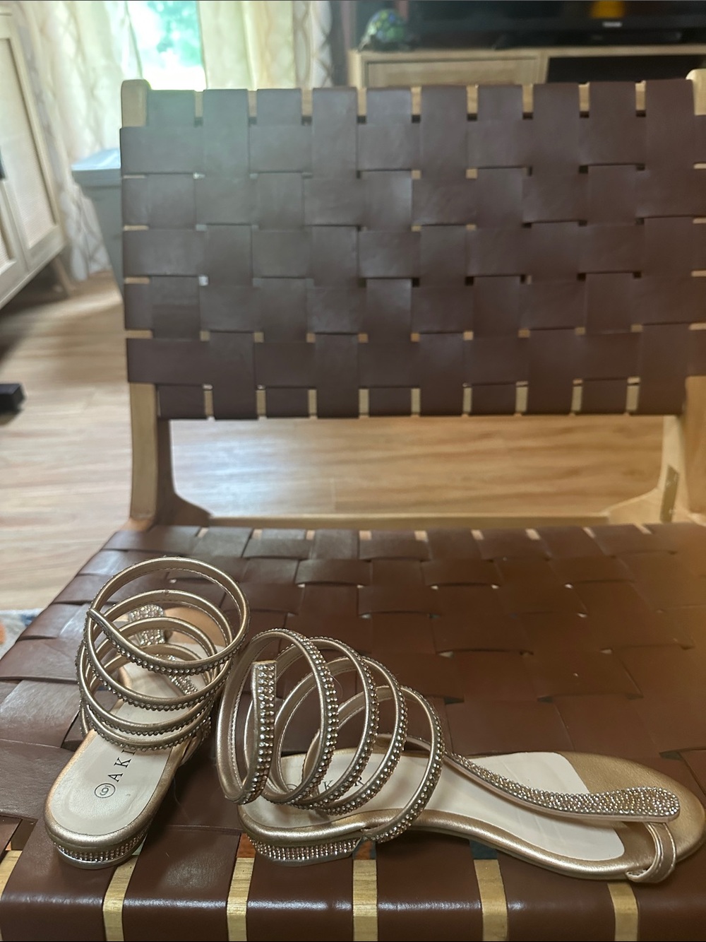 AKIRA Gold Crystal Spiral-Strap Sandals - Picture 2 of 2